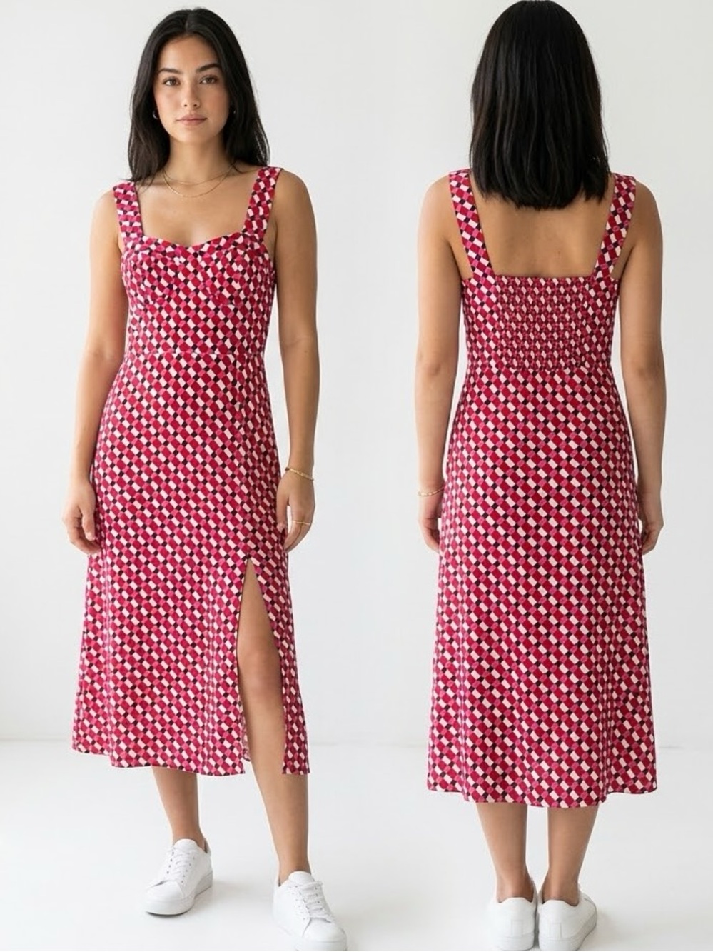 Diane von Furstenberg Juliet Midi Dress Geometric Print Smocked Back Pink Red,6
